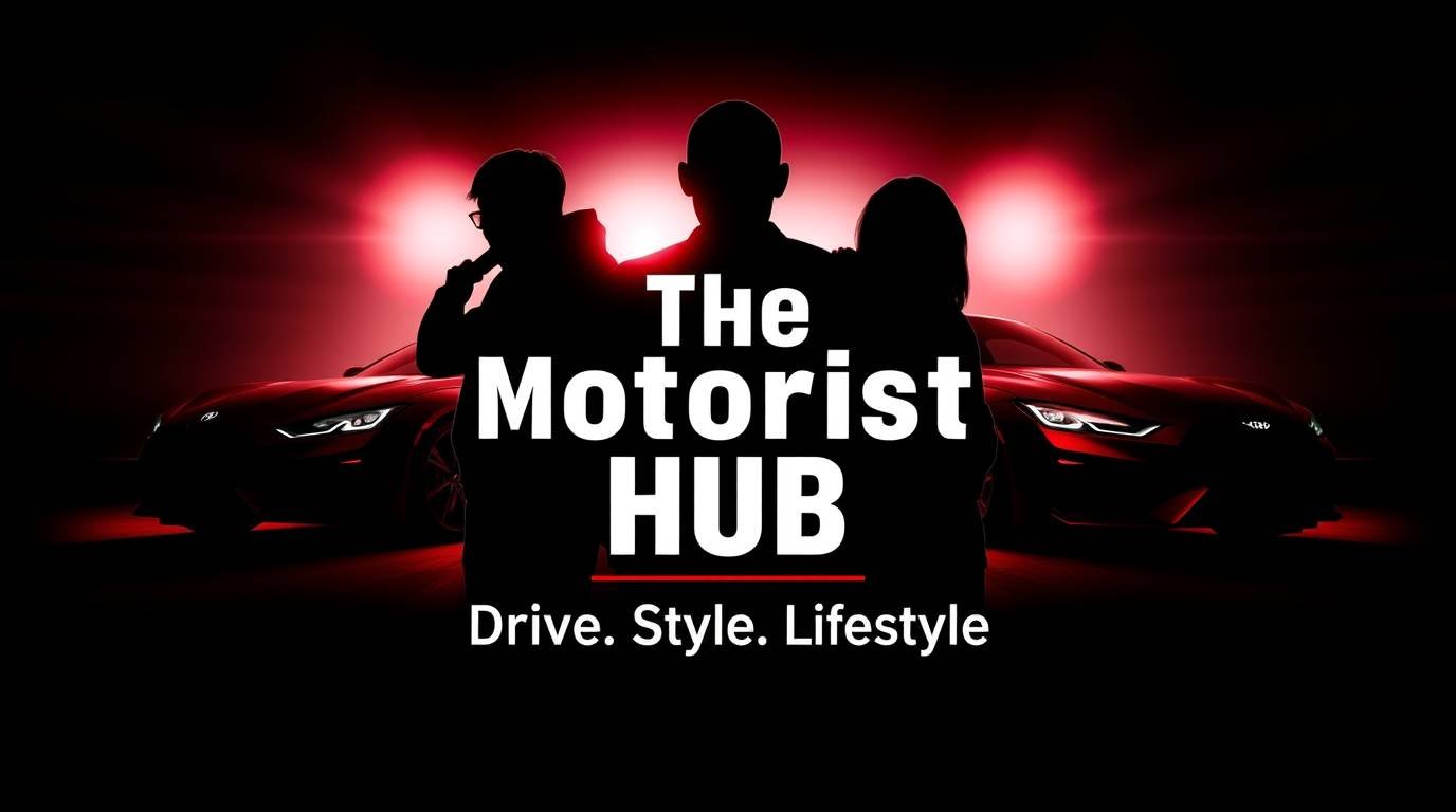 Silhouetted backlighting, distinct split banner for TheMotoristHub.com. Modern realistic design with cars, apparel, accessories. Dark background, redchrome highlights. Bold ‘The Motorist Hub’, sleek tagli